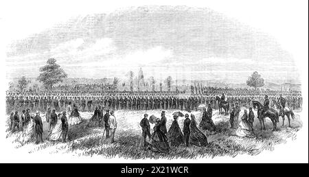 Einweihung des Monuments auf dem Schlachtfeld von Bull Run, Virginia, 1865. "Zwei Schlachten - die vom 21. Juli 1861 und die vom 29. August 1862 - wurden zwischen den Konföderierten und Föderalen in der Ebene ausgetragen, die von dem kleinen Fluss Bull Run durchzogen wurde... Ein Denkmal wurde jetzt auf jedem der Schlachtfelder errichtet. Diese Denkmäler sind aus schokoladenfarbenem Sandstein, 30 Meter hoch... das Denkmal auf dem First Bull Run Field liegt auf dem Hügel vor dem denkwürdigen Steinhaus, an der Stelle, wo der 14. Brooklyn, 1. Michigan und 1. Und 2. Maine am heißesten verlobt wurden und wo er war Stockfoto