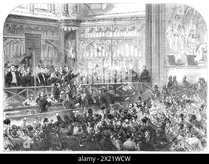 City of London Wahl: Die Nominierung in Guildhall, 1865. "...die Taten wurden durch die Anwesenheit eines Königs geschmückt: Ihre Majestät die Königin der Niederlande, begleitet vom Prinzen von Orange und dem Prinzen und Prinzen von Sachsen-Weimar...[waren] privilegierte Zuschauer einer ziemlich turbulenten Szene... der Körper des Saals, oder zumindest die Hälfte davon, die für diesen Zweck zur Verfügung stand, war ziemlich gleichmäßig zwischen den Freunden der Liberalen und den Freunden der konservativen Kandidaten aufgeteilt. Erstere waren jedoch die ersten im Feld und hatten den Platz am nächsten zum Bahnsteig gesichert. Das Verfahren Stockfoto