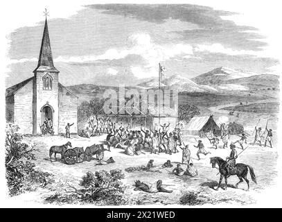 Der Mord an einem Missionar durch die Maoris in Neuseeland: Wilder Tanz der Pai Marire Fanatiker, 1865. "Der Krieg der Rassen, der seit zwei oder drei Jahren in mehreren Provinzen der nördlichen Insel andauert... scheint nicht schnell beendet zu werden... während General Cameron es versäumt hat, einen sicheren Fortschritt in der Kampagne zu erzielen, die das Land geräumt haben sollte zwischen Wellington und Taranaki wurden andere Distrikte, vor allem in der Nachbarschaft von Auckland, durch den Aufstand einer großen Zahl der Maori-Bevölkerung gestört, die in schlimmere Zeiten zurückgefallen zu sein scheinen Stockfoto