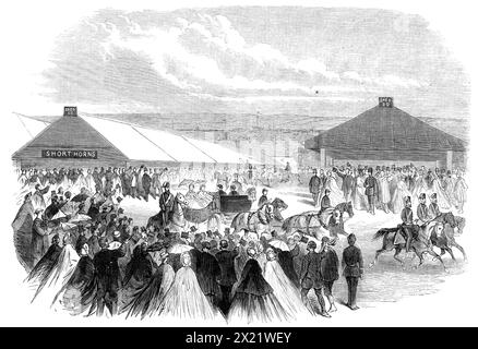 Besuch des Prinzen und der Prinzessin von Wales in Plymouth: Ihre königlichen Hoheiten auf dem Schauplatz der Royal Agricultural Society, 1865. "Am Mittwoch vor dem Vormittag besuchten ihre Königlichen Hoheiten [der zukünftige König Eduard VII. Und Königin Alexandra] die Ausstellung der Landwirtschaftsgesellschaft in Pennycomequick, einer bekannten Wiese neben der Stadt Devonport... Nach einer kurzen Verzögerung am Eingang bewegte sich die königliche Kutsche unter dem Jubel der Bevölkerung vorwärts...der Prinz und die Prinzessin beschränkten ihre Aufmerksamkeit auf die Pferde und Rinder...die Vollblutpferde wurden zuerst aus ihrer Box geholt Stockfoto