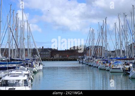 Gosport, Hampshire, England. 1. April 2024. Haslar Marina, Segelboote haben im Yachthafen angedockt. Stockfoto