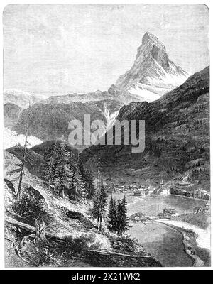 Das Matterhorn, nach einer Skizze von Mr. Edward Whymper, 1865. "Das Matterhorn ist Teil des Hauptkamms oder Rückgrads der Penniner Alpen und steht an der Spitze des Tals Zermatt auf der einen Seite und des Tals Tournanche auf der anderen Seite. Er ist in der Höhe nur unter fünf anderen Gipfeln, nämlich Mont Blanc, Monte Rosa, Mischabel, Lyskamm, und das Weisshorn, und selbst ist nicht weniger als 14.705 Fuß. Hoch. In scheinbarer Höhe ist sie größer als alle anderen; und aus der Richtung Zermatts, aus der die von uns gravierte Skizze stammt, ist es schwer zu glauben, dass sie unweit steht Stockfoto