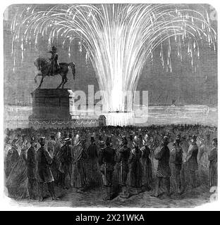 Feuerwerk, Inner Harbour, Cherbourg, zu Ehren der britischen Ärmelkanalgeschwader, 1865. „Am Abend gab es ein brillantes Feuerwerk der französischen Schiffe im Innenhafen... unsere Illustration gibt einen Blick auf diese Szene, wie sie vom Platz Napoleon in der Nähe der Reiterstatue des ersten Kaisers aus gesehen wurde.“ Aus Illustrated London News, 1865. Stockfoto