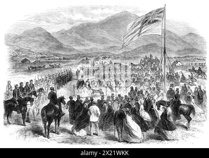 Schnitt des ersten Turfs der Great Southern Railway in Christchurch, Canterbury, Neuseeland, 1865. Gravur nach einer Skizze von Mr. W. B. Jones. "...die Great Southern Railway... soll die großen Ebenen durchqueren, die sich nach Süden erstrecken, bis zum aufsteigenden Hafen und der Stadt Timaru, etwa 120 Meilen von Christchurch entfernt, und von dort, noch weiter südlich, in die Provinz Otago mit ihren reichen Goldfeldern. Die Zeremonie wurde von Mrs. Bealey, der Ehefrau seiner Ehre, dem Superintendenten der Provinz, am 24. Mai in einem Fahrerlager in der Nähe des Bahnhofs Christchurch durchgeführt Stockfoto