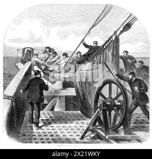 Der Bruch des Atlantic Telegraph Cable an Bord der Great Eastern, 1865. Kupferstich nach einer Skizze von Robert Dudley. "...das Galvanometer hat einen Elektrizitätsfehler entdeckt, der auf einen schweren Fehler hindeutet... ein Gittergeräusch war zu hören, als das Kabel über die Spule flog... nachdem das Schiff angehalten worden war. und der Rest der Flocke, in der der Fehler aufgetreten sein sollte, war ausgezahlt, ein Stück Draht wurde aus dem Kabel im fluke gesehen, und als einer der Männer ihn in die Finger nahm und versuchte, ihn zu biegen, brach der Draht kurz ab. Es waren fast 3 Zoll. Lang, und Stockfoto