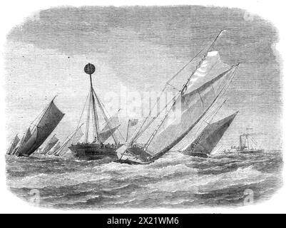 Segelschiff auf der Themse: Umrundung des Nore Light-Ships, 1865. Das dritte jährliche Segelschiff-Match fand unter der Leitung der Thames and Medway General Craft-Owners Association statt, wobei der Kurs von Erith zum Nore Lightship und zurück ging. Drei Preise, der höchste war ein Becher im Wert von &#xa3;18, mit zehn Guineen, die auf die Crew verteilt waren, wurden für die Topsegel-Lastkähne vergeben; und drei Preise, von etwas geringerem Wert, für die mit Stumpffahrten bestückten Lastkähne... die Lastkähne starteten ein paar Minuten vor elf von Erith... mit einer starken Brise aus dem Süden und ein wenig Regen, dem Wind, Th Stockfoto