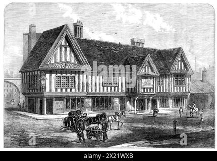 Das Old Crown House, Birmingham, 1865. "Das Old Crown House wird von Mr. Toulmin Smith in seinen "Memorials of Old Birmingham" als eines der ältesten Exemplare englischer Hausarchitektur beschrieben, die heute in guter Erhaltung erhalten sind. Das Datum ist entweder 1401 oder 1404, und es ist noch immer ein Wohnhaus. Es wird von Leland als „das Herrenhaus aus Holz“ erwähnt, der es 1538 sah, als er nach Bermingham towne kam, wie er sagt, „durch eine so hübsche Straße wie immer ich hineingefahren bin“. Die Festigkeit des Holzgerüsts dieses Hauses ist umso würdiger Stockfoto