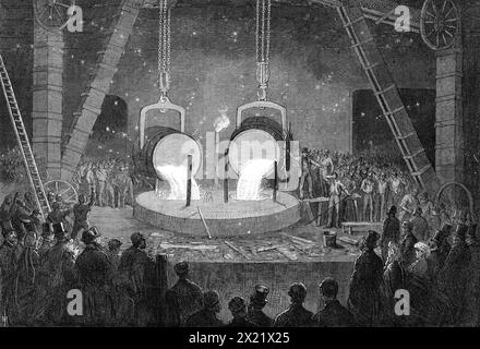 Ein Besuch der Penn's Marine Engine Factory in Greenwich: Casting a Great Cylinder for a Marine Dampfmaschine, 1865. Abbildung: "...das geschmolzene Metall, das in die Form gegossen wird... die Masse des Metalls, obwohl von immenser Größe, muss mit der Genauigkeit und Perfektion gegossen werden, die den kleinsten Gussteilen gegeben werden kann... das Eisen... wird in mehreren Kuppeln geschmolzen... Und das geschmolzene Eisen fließt durch kleine Kanäle in die Gießerei, wo es sich in zwei riesige Kessel entleert... das Gießen einer so großen Masse Metall gleichmäßig in die Form ist eine sehr wichtige Angelegenheit und wird ausgeführt Stockfoto