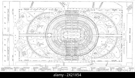 Plan des Palastes und des Parks, entworfen für die Pariser Universalausstellung von 1867, (1865). "Zahlreiche Arbeiter sind damit beschäftigt, den gesamten Raum [des Champ de Mars] mit einem leichten Holzzaun zu verschließen; Vermesser und ihre Assistenten sind damit beschäftigt, Ebenen zu machen und den Boden zu vermessen und abzudecken, auf dem der Palast errichtet werden soll; und mehr als hundert Wagen sind täglich damit beschäftigt, hier mit Erde zu karren, um den Teil des Marses, der an die seine grenzt, auf die Höhe des Quai d'Orsay zu heben. und um die erhöhten überdachten Promenaden zu bilden, die zu den beiden Haupten führen Stockfoto