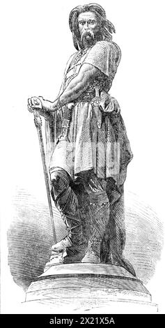 Statue des gallischen Häuptlings Vercingetorix, 1865. "Im letzten Moment der Verzweiflung hat der Künstler, der die kolossale Statue entworfen hat (M. Millet, von Paris), versucht, den gallischen Häuptling zu vertreten. Die Statue wurde von M. Aubert geschickt in Metall reproduziert... die sehr erfolgreiche Ausführung dieser Statue in cuivre repouss&#xe9; soll wichtige Veränderungen in der Kunst der Skulptur bewirken, insbesondere in ihrer Anwendung auf öffentliche Denkmäler unter freiem Himmel. Die Idee dieses Prozesses, dem der Name der Chalkoglyphie gegeben wurde, entstand etwa zehn Jahre später im Verstand von M. Cu Stockfoto