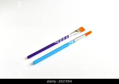 Zwei dünne Pinsel zum Malen mit Aquarellen auf weißem Hintergrund. Stockfoto