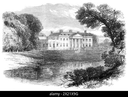 Broadlands in der Nähe von Romsey, Hants, dem Landsitz und Geburtsort von Lord Palmerston, 1865. Hier, in Broadlands, am 20. Oktober 1784, wurde der verstorbene Premierminister Henry John Temple geboren... das Anwesen von Broadlands...came in den Besitz von Lord Palmerstons Großvater um die Mitte des letzten Jahrhunderts. Seine Grenze nähert sich der Stadt Romsey, an der Southampton Road, dem Park, der ziemlich groß ist und sich etwa eineinhalb Kilometer erstreckt. und an beiden Ufern des Flusses Test... der Park ist gut mit Holz und Wasser geschmückt und hat viele prächtige Bäume gruppiert mit viel Geschmack und Stockfoto