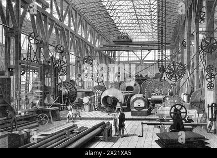 Penn's Machine-Engine Factory in Greenwich [London]: The Large Machine-Shop and Turnery, 1865. Gravur nach einem Foto von Mr. Nelson K. Cherrill von 'Teil des Innenraums der umfangreichen 'Maschinenfabrik und Dreherei', wo die verschiedenen Teile einer Dampfmaschine aus dem Rohschmieden oder Gießen gebracht werden, Sie müssen so präzise geformt und bearbeitet werden, dass sie erforderlich sind, bevor sie für den Einsatz zusammengesetzt werden können. In der Mitte unserer Ansicht, etwas dahinter, sind einige Teile der großen Motoren (mit 1350 PS Leistung) zu sehen, die für den eisenverkleideten Northumber gebaut wurden Stockfoto