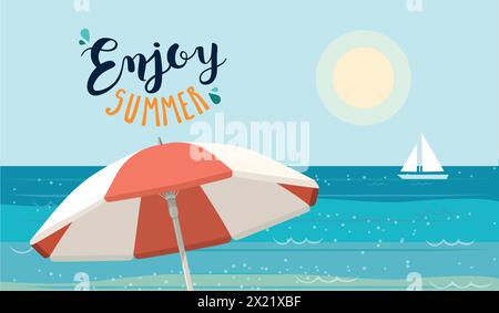 Meereshintergrund mit einem Sonnenschirm an einem sonnigen Tag. Sommer Banner Vektor Illustration Stock Vektor