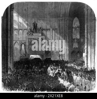 The Beeral of Lord Palmerston: Der Geistliche, der die Leiche an der Westtür der Westminster Abbey empfängt, 1865. "Der mittlere Teil des Bodens des Langhauses wurde freigehalten und für die Prozession geöffnet, die von der Westtür zum Querschiff führte. aber die Seitenschiffe waren voll von einer dicht gepackten Gemeinde, aal in schwarz gekleidet, unter denen der Sarg, wie er mitgetragen wurde, dreißig oder vierzig von Lord Palmerstons Dienern und Landarbeitern, mit einigen seiner Pächter aus Romsey und anderswo, am nächsten war. der an jenem Morgen absichtlich nach London gekommen war, um an der Beerdigung teilzunehmen... der große Bel Stockfoto