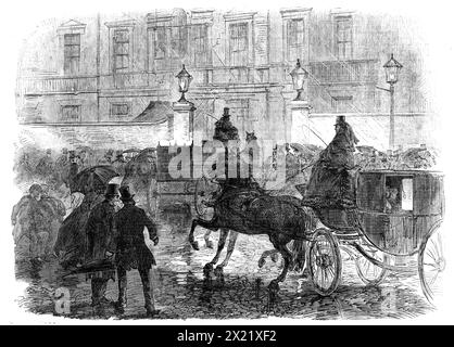 The Beeral of Lord Palmerston: Ankunft des Leichenwagens im Cambridge House, Piccadilly, 1865. Am Abend wurde die Leiche hier vom nächsten überlebenden Verwandten von Lord Palmerston, dem Sohn seiner Schwester, dem Hon. Henry Sulivan, Rektor von Yoxall, nahe Lichfield, empfangen; und von Hon. Evelyn Ashley, seinem Privatsekretär. Es war im Speisesaal angelegt, mit keinem anderen Ornament als einem Brett mit Zabenfedern am Kopf. Nur wenige von Lord Palmerstons intimsten Freunden und zwei oder drei Tage später wurde Dr. Stanley, der Dekan von Westminster, zugelassen, das Gesicht von zu sehen Stockfoto