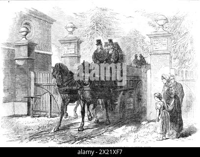 The Beeral of Lord Palmerston: The Hearse leaving Brocket Hall, Hatfield, Herts., 1865. Der Aufbruch des Leichenwagens von Brocket Hall gegen zehn Uhr morgens... der Wechsel seines Begräbnisplatzes von Romsey zu Westminster Abbey wurde auf ausdrücklichen Wunsch der Königin angenommen. Als Folge dieser Planänderung wurde die Leiche von Lord Palmerston am Montag von Brocket Hall, Hertfordshire, nach Cambridge House, Piccadilly verlegt, wobei sie langsam auf der Turnpike Road durch Hatfield, Barnet und Finchley fuhr, in einem von vier Pferden gezogenen Leichenwagen gefolgt von einer einzigen Trauerkutsche. Stockfoto