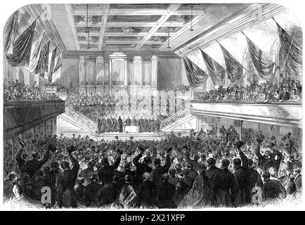 Vorstellung der Freiheit der Stadt Glasgow an die Rt. W.E. Gladstone, im Rathaus, 1865. Die Halle war natürlich voll von Zuschauern in jedem Teil... um zwei Uhr erschien Mr. Gladstone [Finanzkanzler und zukünftiger Premierminister], begleitet vom Lord Provost, auf dem Bahnsteig und wurde mit lautem und anhaltendem Jubel empfangen. Der Fürst Provost, indem er die Freiheit der Stadt dem rechten Schatz darstellte. Gentleman, erwähnte die hervorragenden Dienste, die Mr. Gladstone für das Land geleistet hatte, und die wichtigen Veränderungen, die er in unserer Flosse vorgenommen hatte Stockfoto