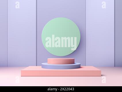 Realistisches 3D-Podium mit grünem Kreis oben in einem Raum mit violettem Hintergrund, Produktanzeige, Mockup, Showcase-Präsentation. Vec Stock Vektor