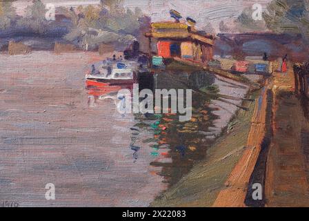 Impressionistisches Ölgemälde des Waschkahns auf der seine in Paris von unbekanntem Maler im Jahre 1910 Stockfoto