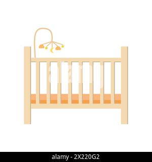 Babybett, Wiege in Farben Möbel für Kinderzimmer isoliert auf weißem Hintergrund in flacher Art mit hängender mobiler Stock Vektor-Illustration. Stock Vektor