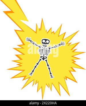 Skelett Elektroschock durch Hochspannung oder Beleuchtung Elektroschock Vorsicht Silhouette flache Design Vektor Illustration. Stock Vektor