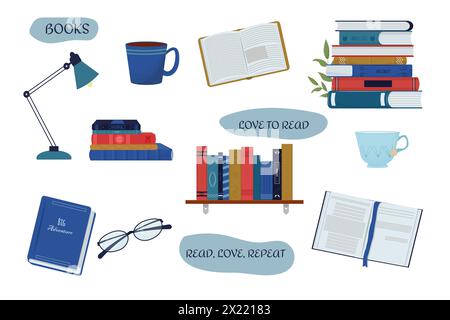 Set, Sammlung Stapel von Büchern, Bücherregal, in verschiedenen Ansichten offen und geschlossen, Gläser, Tischlampe und Tasse mit Getränk isoliert auf weißem Hintergrund im Cartoon-Stil. Vektorabbildung Stock Vektor