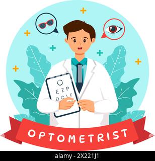 Optometrist Vektor-Illustration mit Ophthalmologe überprüft Patientenblick, optische Augenprüfung und Brillen-Technologie im flachen Zeichentrickhintergrund Stock Vektor