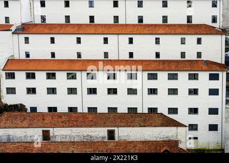 Blick aus der Vogelperspektive auf die Häuser am Fluss Douro unterhalb des Klosters Serra do Pilar Vila Nova de Gaia, Porto, Portugal. Auf der anderen Seite des Douro Ri Stockfoto