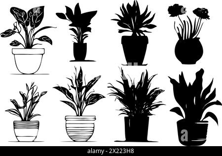 Eine Reihe von Topfpflanzen wird in Schwarz-weiß angezeigt. Die Pflanzen haben verschiedene Größen und Formen und werden in verschiedene Töpfe gelegt. Conce Stock Vektor