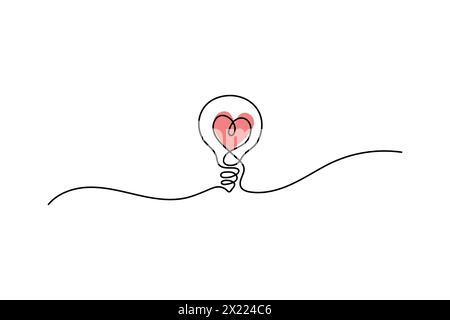 Eine durchgehende Linienzeichnung einer Glühbirne mit Liebe in Form eines Herzens. Power Romantik Logo-Konzeptvorlage. Dynamic Minimalist One lin Stock Vektor