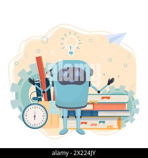 Arbeitsplatz für Online-Kurse, E-Learning, Bildung mit Büchern, Alarm, Monitor mit Roboter isoliert auf weißem Hintergrund Stock Vektor Illustration. Konzept im flachen Stil studieren. Stock Vektor