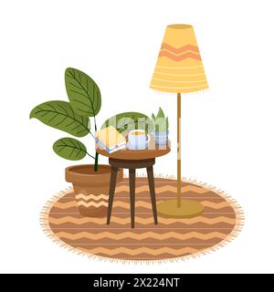 Gemütliche Hygge, skandinavische Komposition mit rundem Tisch, Lanp, Bücher, Tee, Blumen in Töpfen isoliert auf weißem Hintergrund Stock Vektor Illustration. Bequeme, warme Stimmung. Vektorabbildung Stock Vektor
