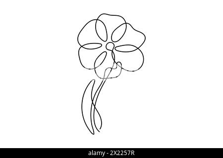 Blumen im Stil einer durchgehenden Strichkunst. Doodle Blumenrand blüht im Gras. Minimalistisches schwarzes lineares Design isoliert auf weißem Hintergrund Stock Vektor