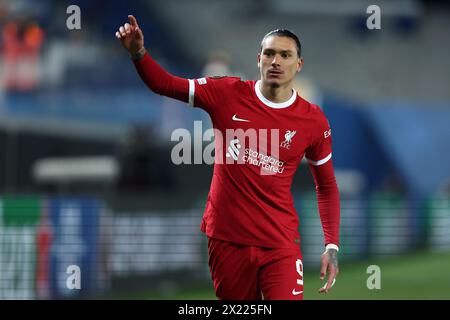 Bergamo, Italien. April 2024. Darwin Nunez von Liverpool FC Gesten beim Viertelfinale der UEFA Europa League im zweiten Legspiel zwischen Atalanta BC und Liverpool FC im Gewiss Stadium am 18. April 2024 in Bergamo, Italien. Quelle: Marco Canoniero/Alamy Live News Stockfoto