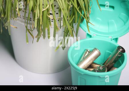 Gebrauchte Fingerbatterien in einem Miniatur-Mülleimer. In der Nähe gibt es träge Gras. Nahaufnahme. Stockfoto
