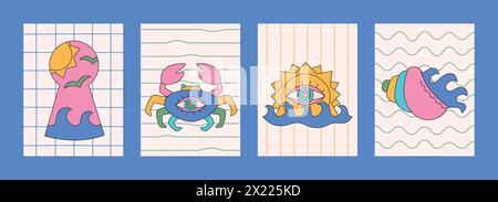 Sommer-groovige Cartoon-Karten-Set. Trippige, helle Designs für T-Shirt-Prints, Poster und Wandbilder. Stock Vektor