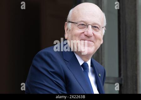 Paris, Frankreich. April 2024. Libanesischer Premierminister Najib Mikati vor einem Treffen im Elysee-Palast in Paris am 19. April 2024. Foto: Raphael Lafargue/ABACAPRESS.COM Credit: Abaca Press/Alamy Live News Stockfoto