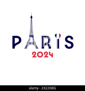 Paris 2024, T-Shirt-Motiv mit Eiffelturm und Flagge im Herzen. Reisekonzept Stock Vektor