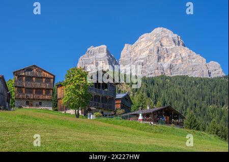 Villaggio di COI (Zoldo Alto) mit den berühmten Holzhäusern und Monte Pelmo, Provinz Belluno, Südtirol, Alpen, Dolomiten, Veneto, Ve Stockfoto