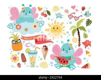 Set mit niedlichen Sommer-Ikonen: Essen, Getränke, Palmblätter, Früchte und niedliche Schmetterlinge. Helles Poster im Sommer. Sammlung von Scrapbooking-Elementen für BE Stock Vektor