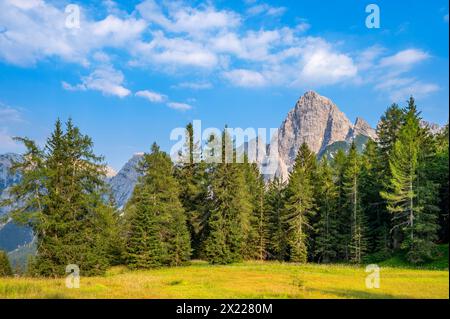 Bosconero-Gruppe mit Langkofel vom Passo Cibiana aus gesehen, Provinz Belluno, Südtirol, Alpen, Dolomiten, Veneto, Venetien, Italien Stockfoto