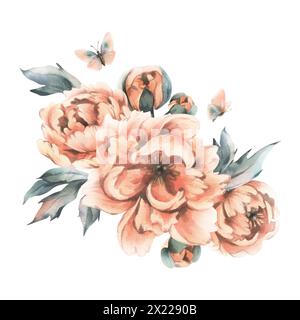 Zarte Blüten, Knospen und Blätter von Pfirsich und rosa Pfingstrosen mit Schmetterlingen in trendigen Farben und Vintage-Stil. Handgezeichnete Aquarellillustration Stockfoto