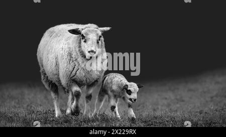 Ein neugeborenes Lamm, das seine ersten Schritte neben dem Schaf macht, dunkle Stimmung, Schwarzweiß, Schwarzweiß, Kopierraum, Minimalismus, 16:9 Stockfoto