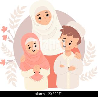 Glückliche muslimische Familie. Süße islamische Mutter im Hijab mit lächelnden Kindern Sohn und Tochter. Vektor-Illustration flache Zeichentrickstil. Festliche Happy Ethnic Stock Vektor