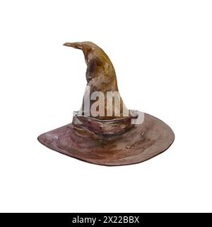 Wizard hat. Handgezeichnete Aquarellillustration im Vintage-Stil isoliert auf weißem Hintergrund. Für Halloween-Karten, Einladungen, Banner, Cover. Stockfoto