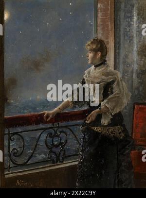 Moonlight (Au Clair de La Lune), um 1885. Eine elegant gekleidete Frau steht an einem offenen Fenster mit einer Hand am Geländer. Moonlight&#x2014;das &#x201c;alles verschönert&#x201d; Stevens sagte einmal&#x2014;fällt auf ihr Gesicht und ihr Kleid und sucht Lichtpunkte aus, die die Sterne am Himmel widerspiegeln. Nur die dicke Rauchwolke, die von einem vorbeifahrenden Dampfschiff aufsteigt, marschiert die Stille dieser besinnlichen Nachtszene. Stockfoto