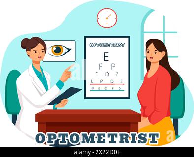 Optometrist Vektor-Illustration mit Ophthalmologe überprüft Patientenblick, optische Augenprüfung und Brillen-Technologie im flachen Zeichentrickhintergrund Stock Vektor