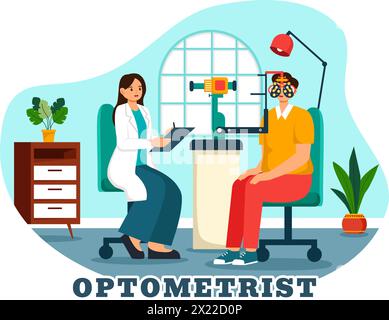 Optometrist Vektor-Illustration mit Ophthalmologe überprüft Patientenblick, optische Augenprüfung und Brillen-Technologie im flachen Zeichentrickhintergrund Stock Vektor