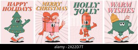 Fröhliche Weihnachten und glückliches neues Jahr-Poster-Set. Verspielte und freche Charaktere im trendigen, groovigen Stil. Retro-Cartoon-Elemente und -Formen. Stock Vektor